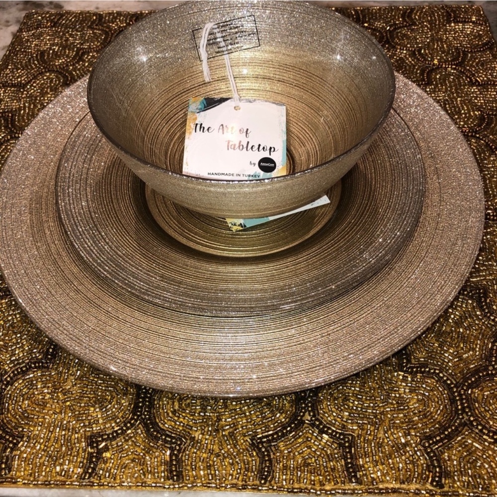 Set of 4 Gold Turkish Glass Silver shimmer Side 8” Plates - Picture 2 of 3